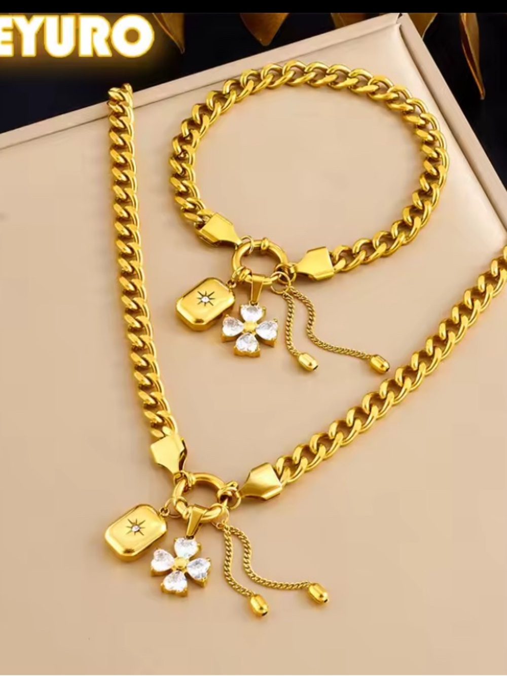 Gold Floral Charm Chain Necklace and Bracelet Set -